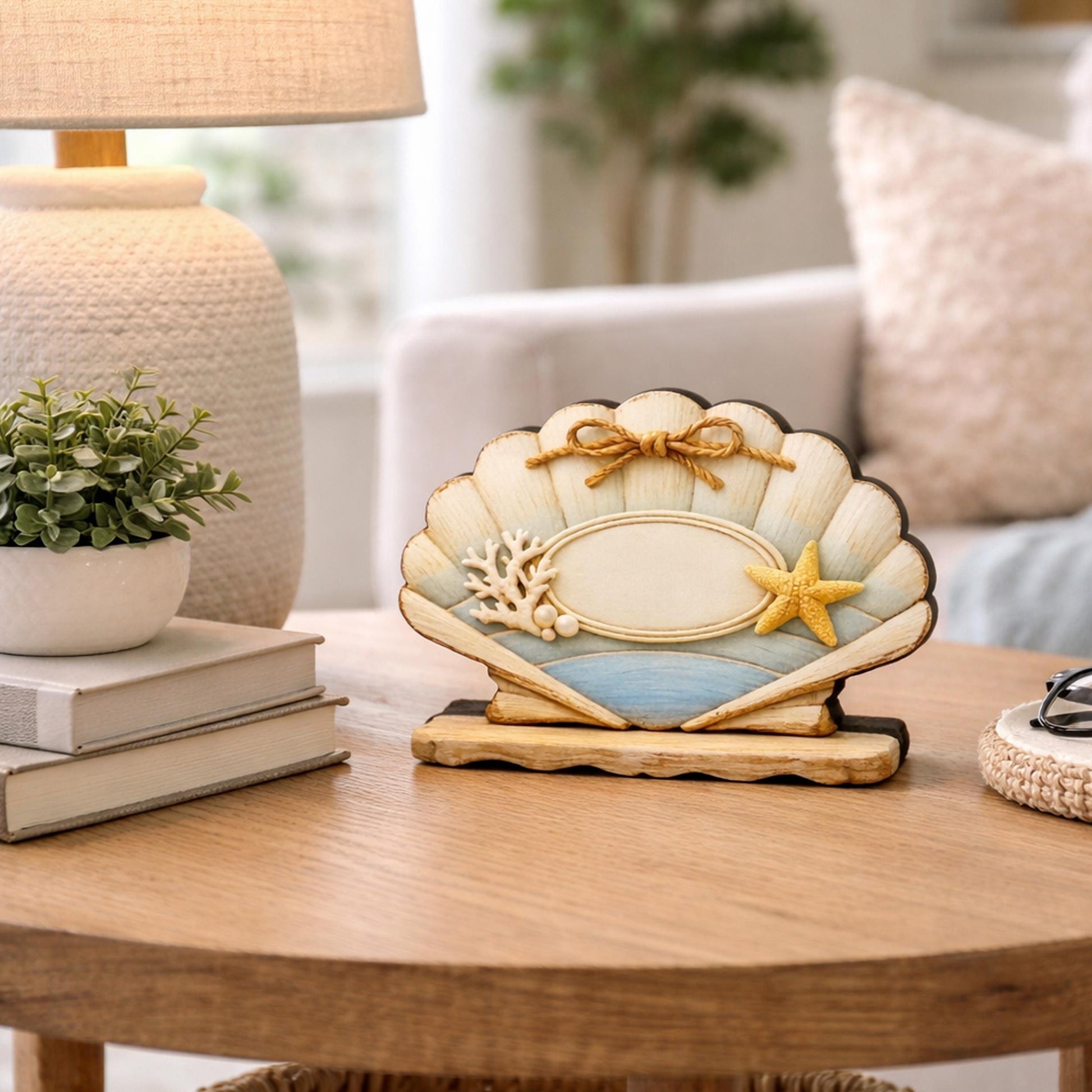 Personalized Scalloped Seashell Shelf Sitter, Nautical Beach Decor, Coastal Tabletop Sign, Beach House Keepsake, Shelf & Mantle Decor