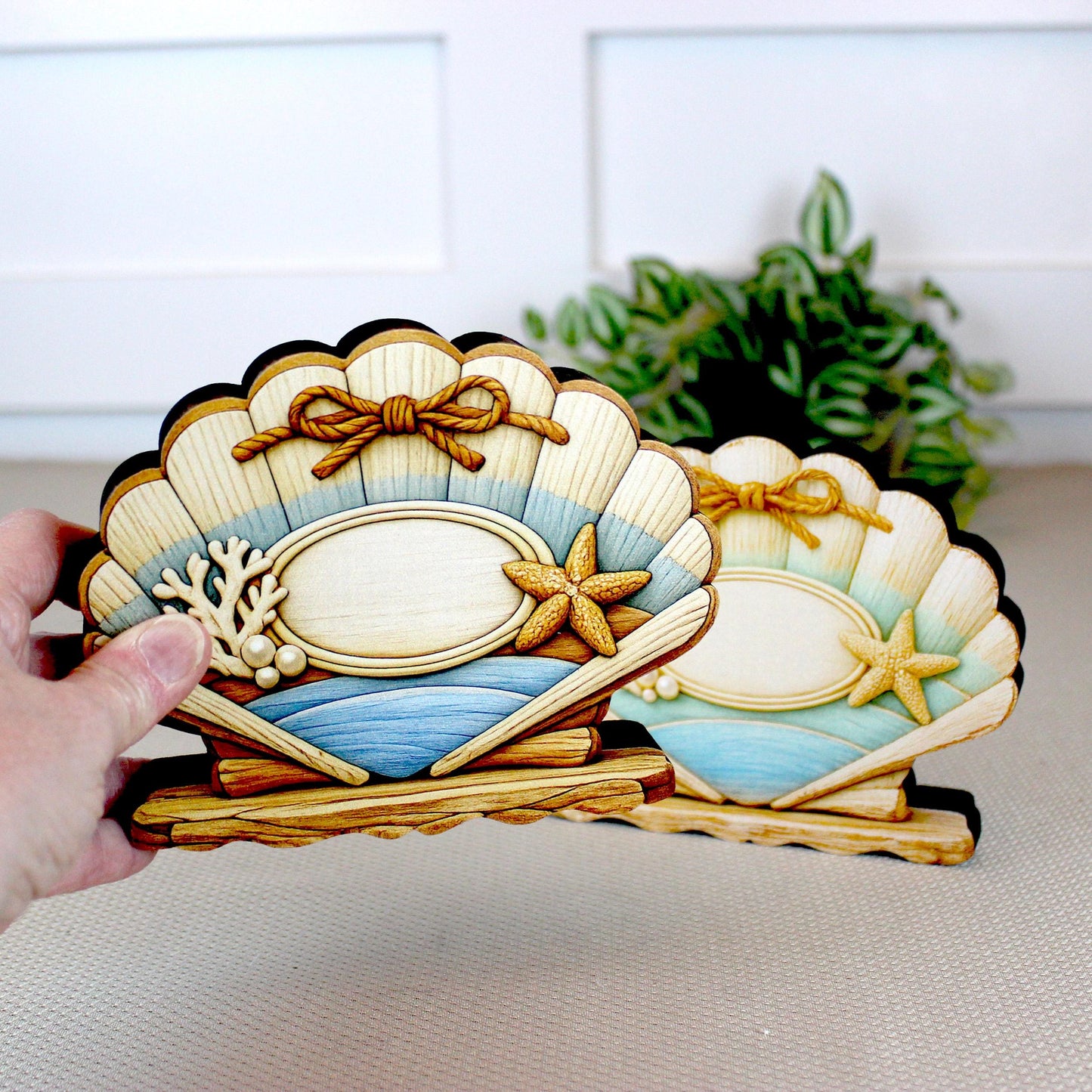 Personalized Scalloped Seashell Shelf Sitter, Nautical Beach Decor, Coastal Tabletop Sign, Beach House Keepsake, Shelf & Mantle Decor