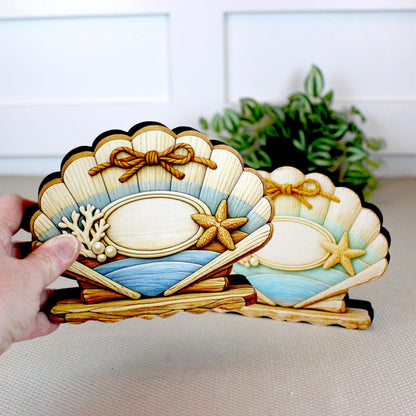 Personalized Scalloped Seashell Shelf Sitter, Nautical Beach Decor, Coastal Tabletop Sign, Beach House Keepsake, Shelf & Mantle Decor