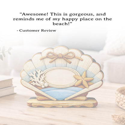 Personalized Scalloped Seashell Shelf Sitter, Nautical Beach Decor, Coastal Tabletop Sign, Beach House Keepsake, Shelf & Mantle Decor