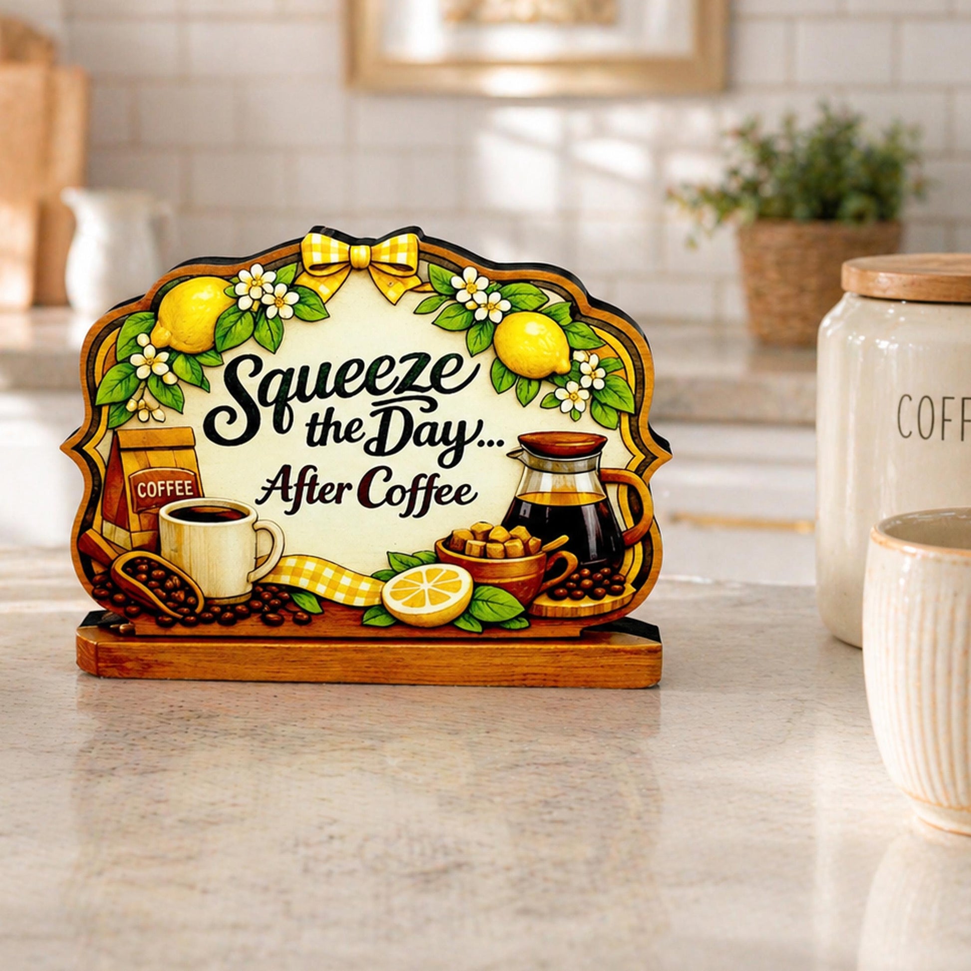 Squeeze the Day After Coffee Shelf Sitter Keepsake, Wooden Coffee Lemon Sign, Funny Coffee Decor, Kitchen Coffee Bar Sign, Coffee Lover Gift