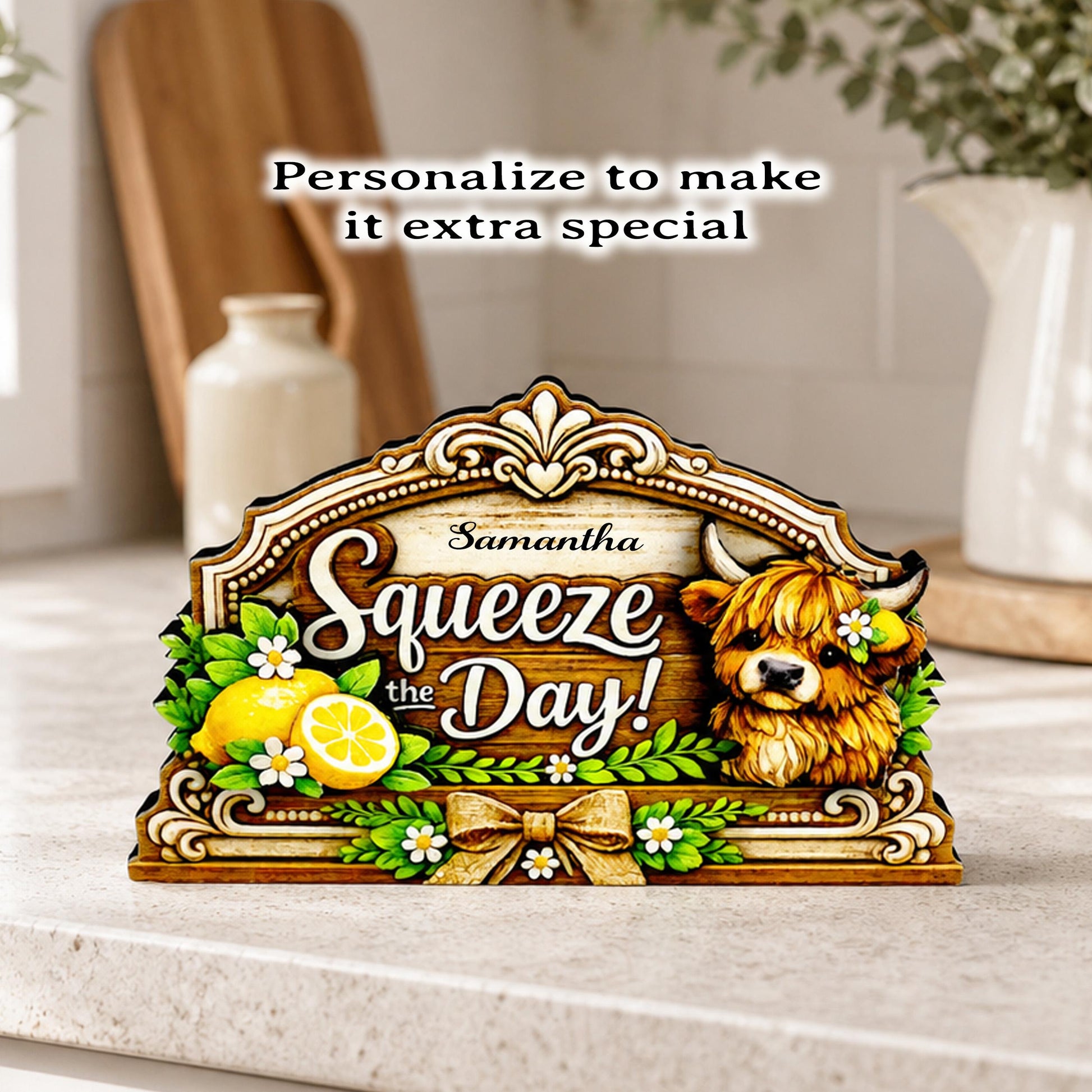 Highland Cow Squeeze the Day Shelf Sitter Keepsake, Wooden Lemon Decor, Summer Kitchen Sign, Farmhouse Cow Decor, Gift for Cow Lover