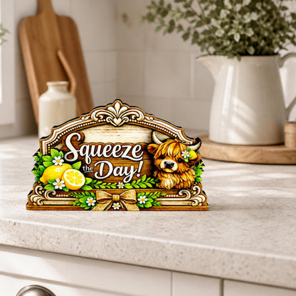 Highland Cow Squeeze the Day Shelf Sitter Keepsake, Wooden Lemon Decor, Summer Kitchen Sign, Farmhouse Cow Decor, Gift for Cow Lover