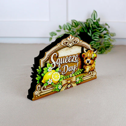 Highland Cow Squeeze the Day Shelf Sitter Keepsake, Wooden Lemon Decor, Summer Kitchen Sign, Farmhouse Cow Decor, Gift for Cow Lover
