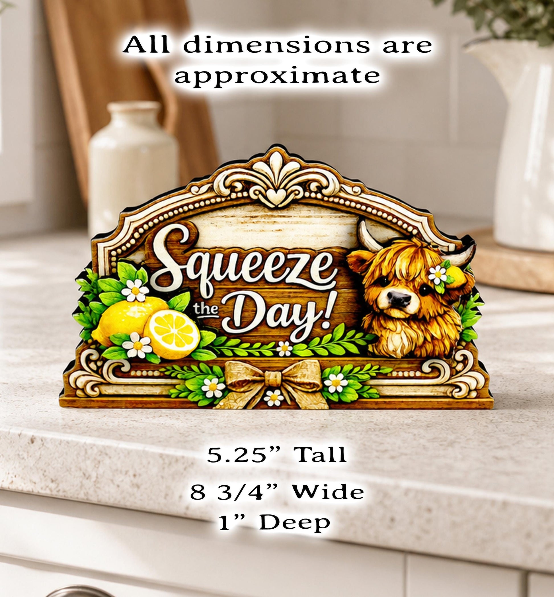 Highland Cow Squeeze the Day Shelf Sitter Keepsake, Wooden Lemon Decor, Summer Kitchen Sign, Farmhouse Cow Decor, Gift for Cow Lover