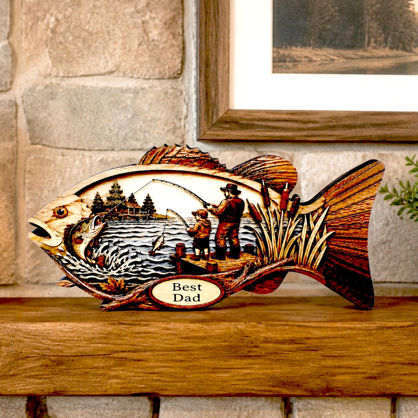 Father Son Fishing Keepsake Shelf Sitter, Wooden Fish Decor with Personalization, Fishing Memory Gift, Father's Day Keepsake, Cabin Decor