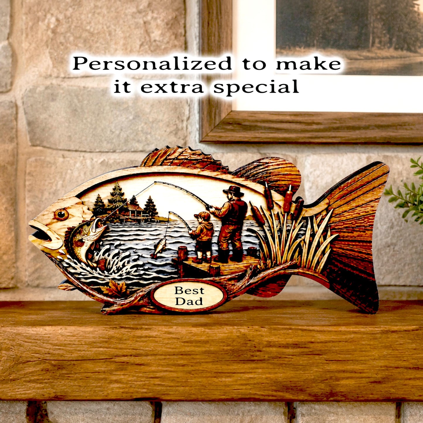 Father Son Fishing Keepsake Shelf Sitter, Wooden Fish Decor with Personalization, Fishing Memory Gift, Father's Day Keepsake, Cabin Decor