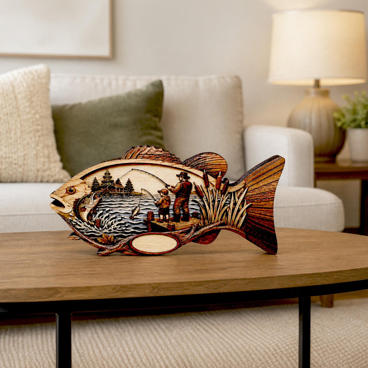 Father Son Fishing Keepsake Shelf Sitter, Wooden Fish Decor with Personalization, Fishing Memory Gift, Father's Day Keepsake, Cabin Decor