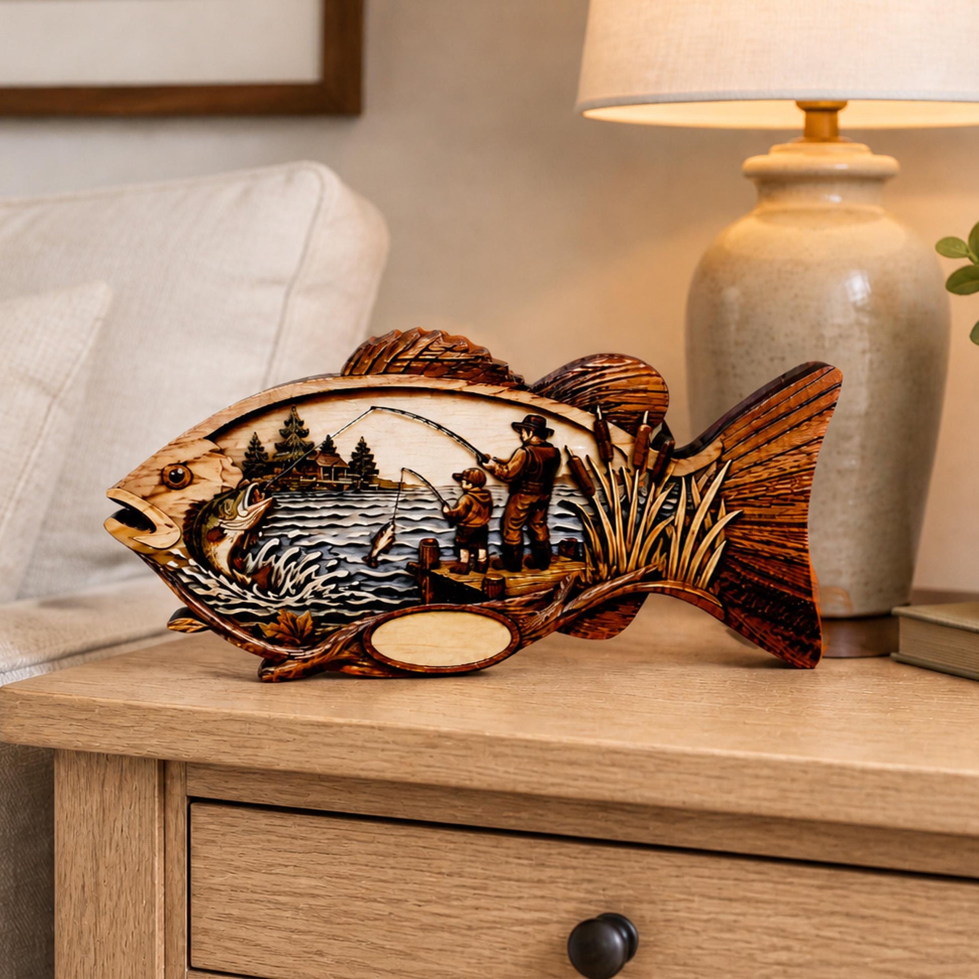 Father Son Fishing Keepsake Shelf Sitter, Wooden Fish Decor with Personalization, Fishing Memory Gift, Father's Day Keepsake, Cabin Decor