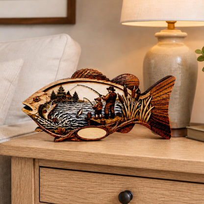 Father Son Fishing Keepsake Shelf Sitter, Wooden Fish Decor with Personalization, Fishing Memory Gift, Father's Day Keepsake, Cabin Decor
