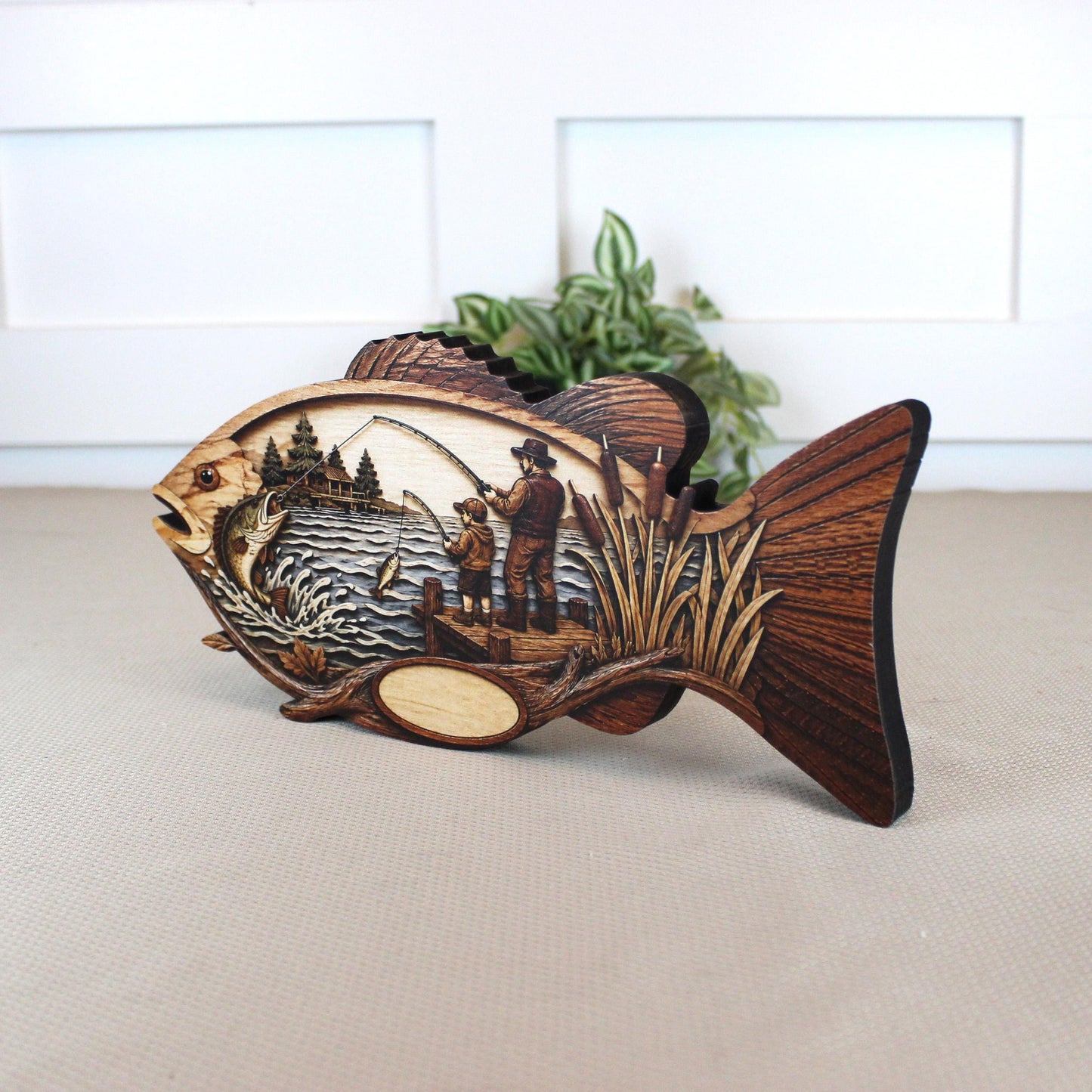 Father Son Fishing Keepsake Shelf Sitter, Wooden Fish Decor with Personalization, Fishing Memory Gift, Father's Day Keepsake, Cabin Decor