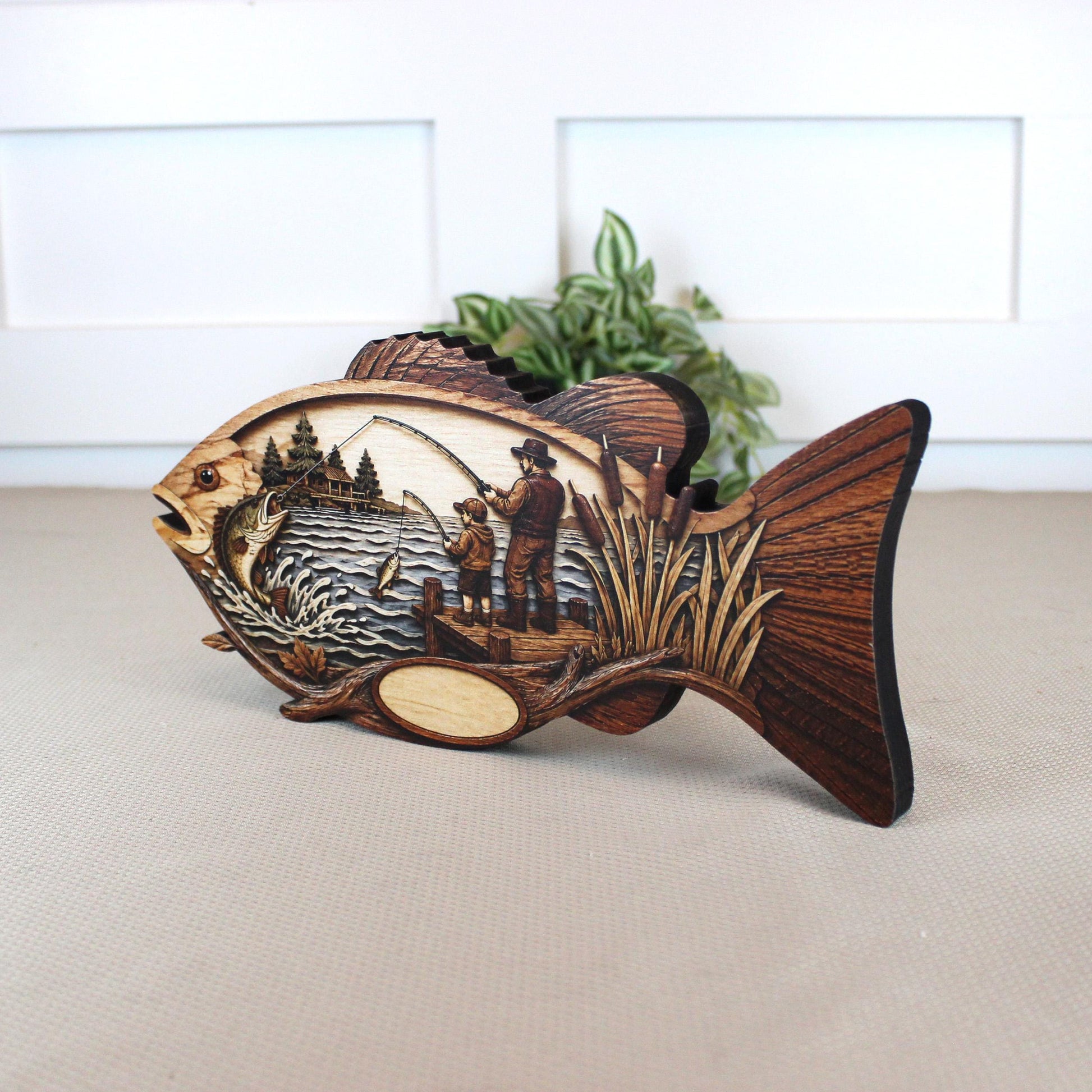 Father Son Fishing Keepsake Shelf Sitter, Wooden Fish Decor with Personalization, Fishing Memory Gift, Father's Day Keepsake, Cabin Decor