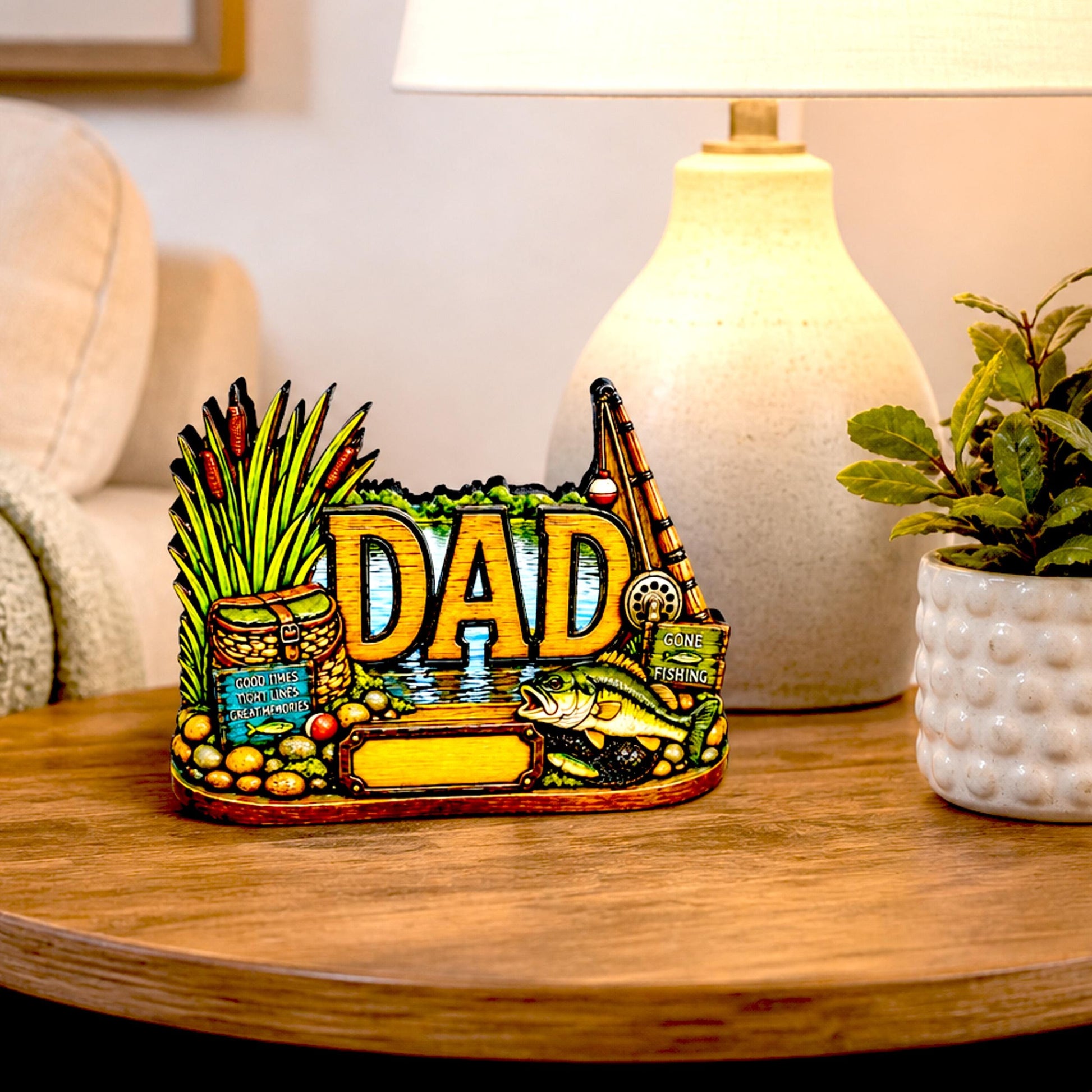 Personalized Bass Dad Fishing Shelf Sitter, Fathers Day Gift for Fisherman Angler, Rustic Hand Cut Poplar Tiered Tray Decor, Lake House Sign