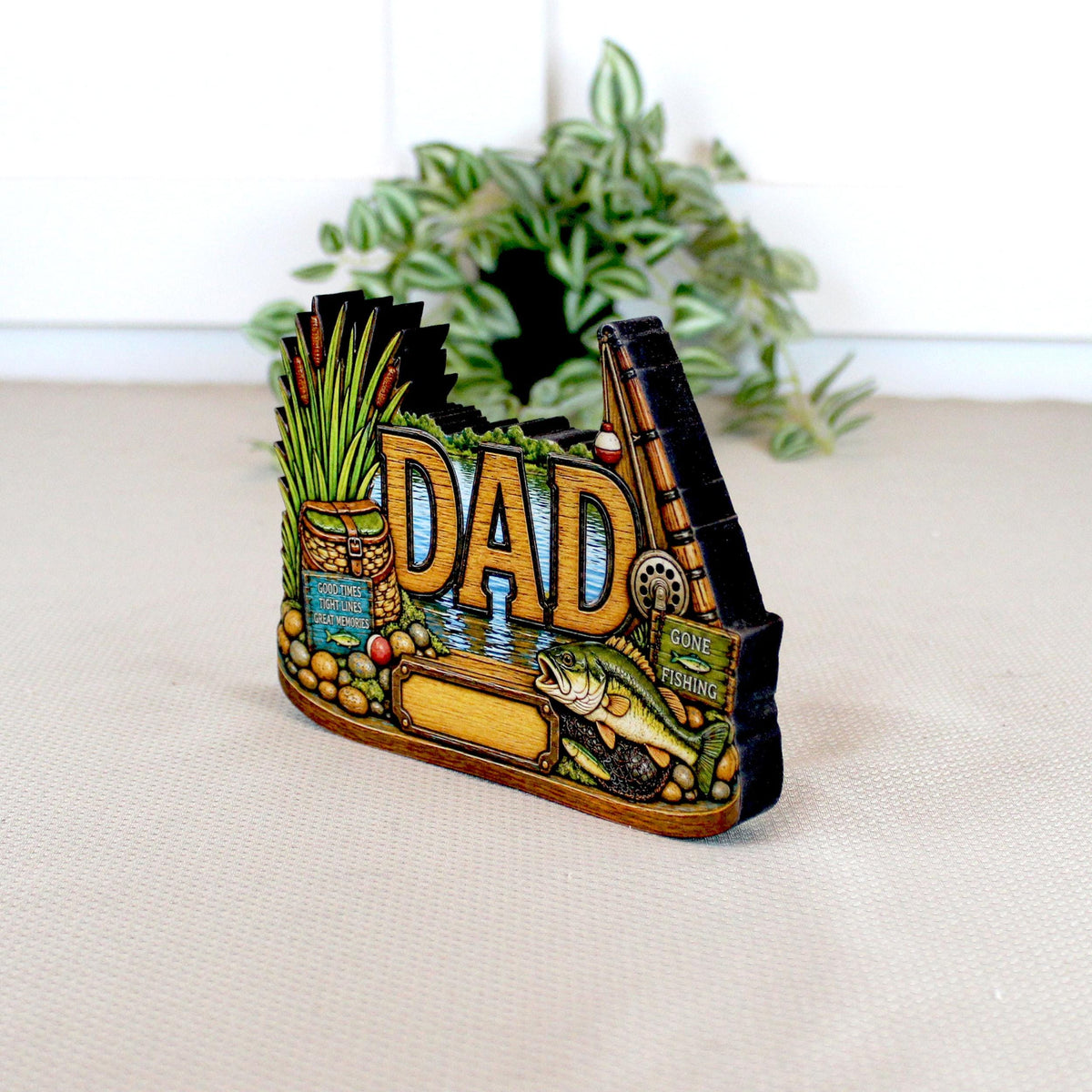 Personalized Bass Dad Fishing Shelf Sitter, Fathers Day Gift for Fisherman Angler, Rustic Hand Cut Poplar Tiered Tray Decor, Lake House Sign