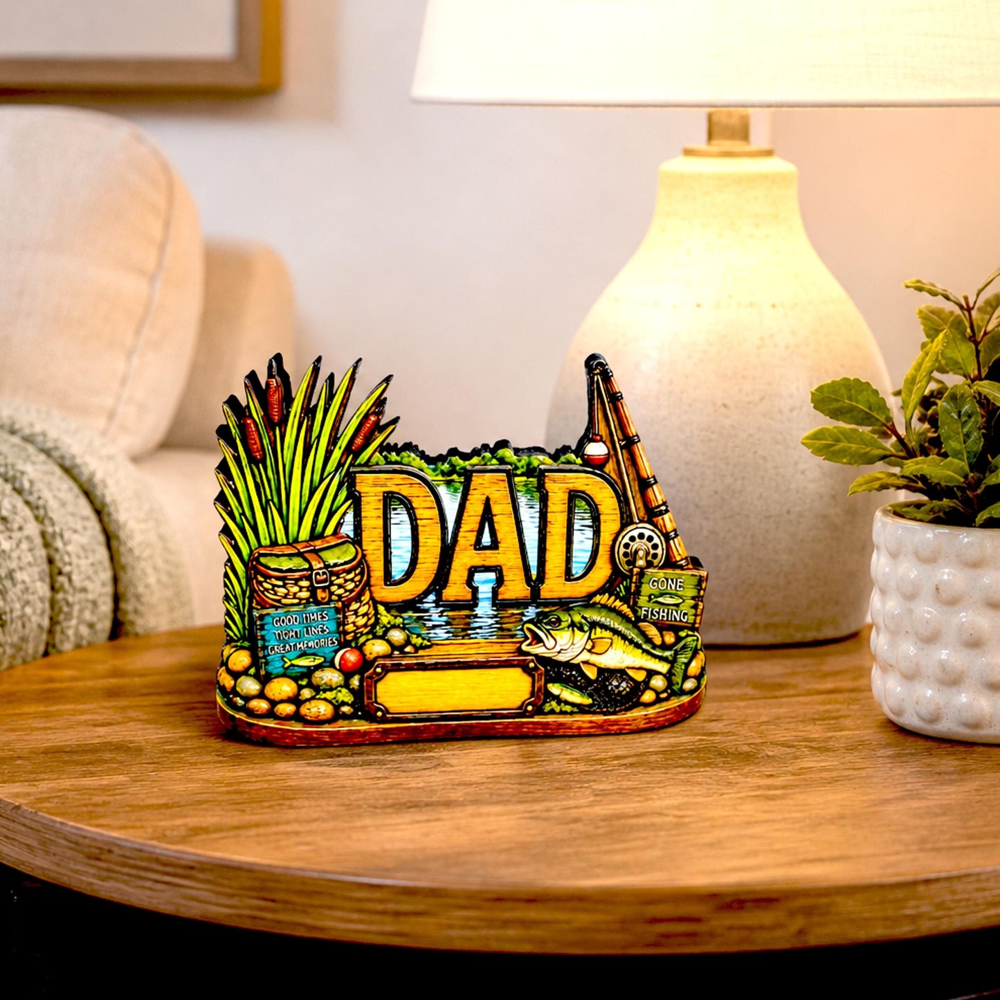 Personalized Bass Dad Fishing Shelf Sitter, Fathers Day Gift for Fisherman Angler, Rustic Hand Cut Poplar Tiered Tray Decor, Lake House Sign