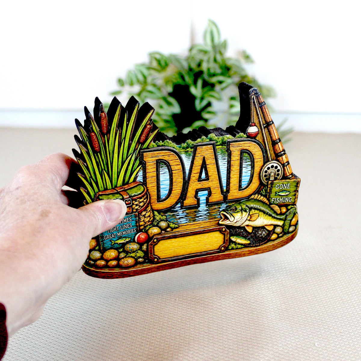 Personalized Bass Dad Fishing Shelf Sitter, Fathers Day Gift for Fisherman Angler, Rustic Hand Cut Poplar Tiered Tray Decor, Lake House Sign