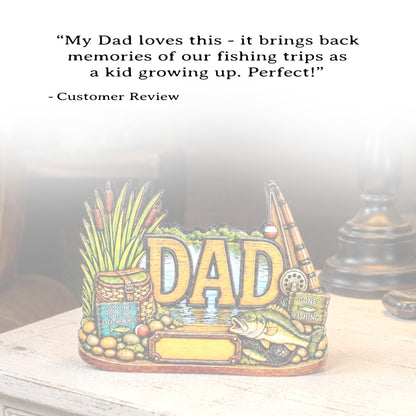 Personalized Bass Dad Fishing Shelf Sitter, Fathers Day Gift for Fisherman Angler, Rustic Hand Cut Poplar Tiered Tray Decor, Lake House Sign