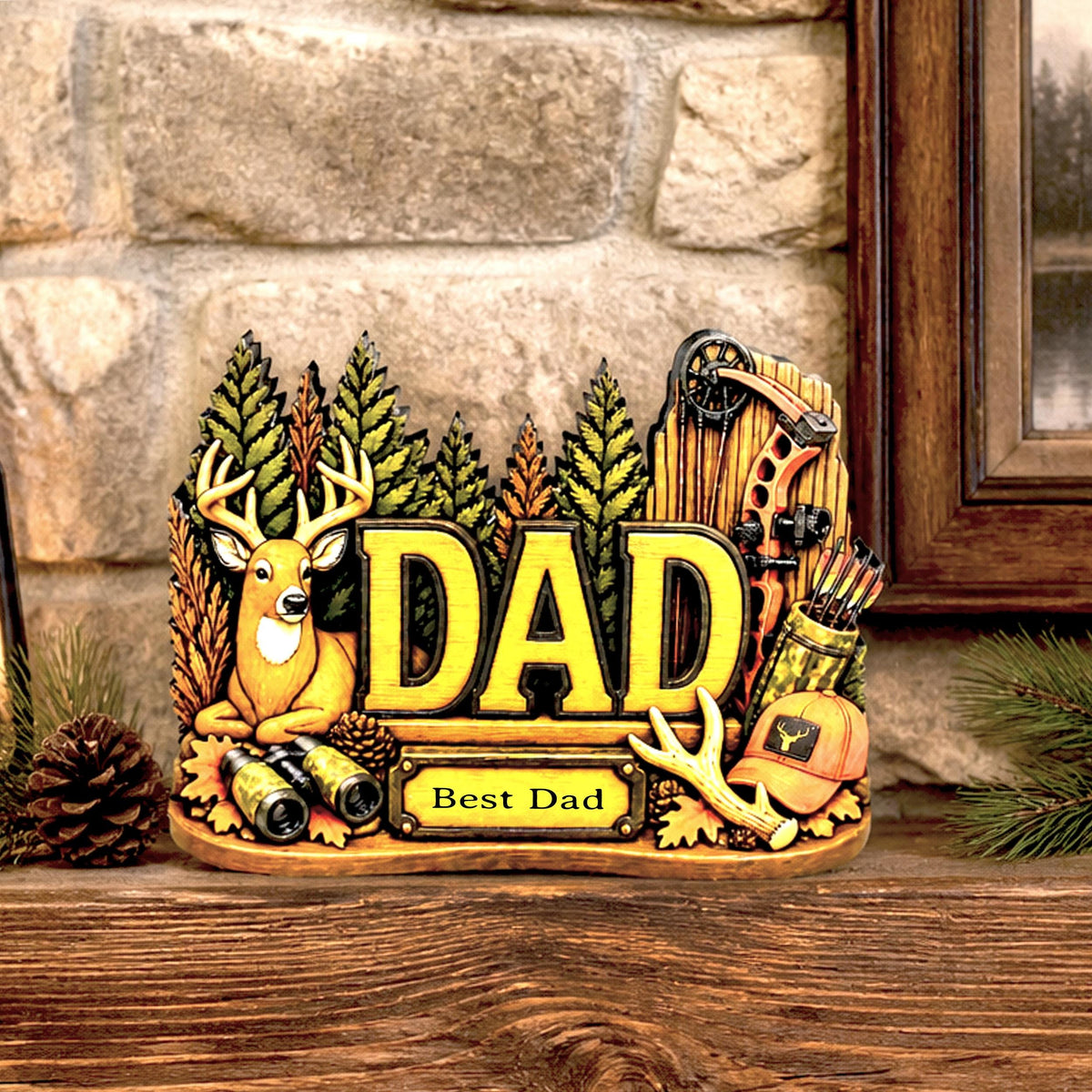 Hunting Dad Shelf Sitter, Personalized Fathers Day Gift, Layered Wood Deer Tabletop Decor, Buck Hunter Birthday Keepsake, Mantle Tray Sign