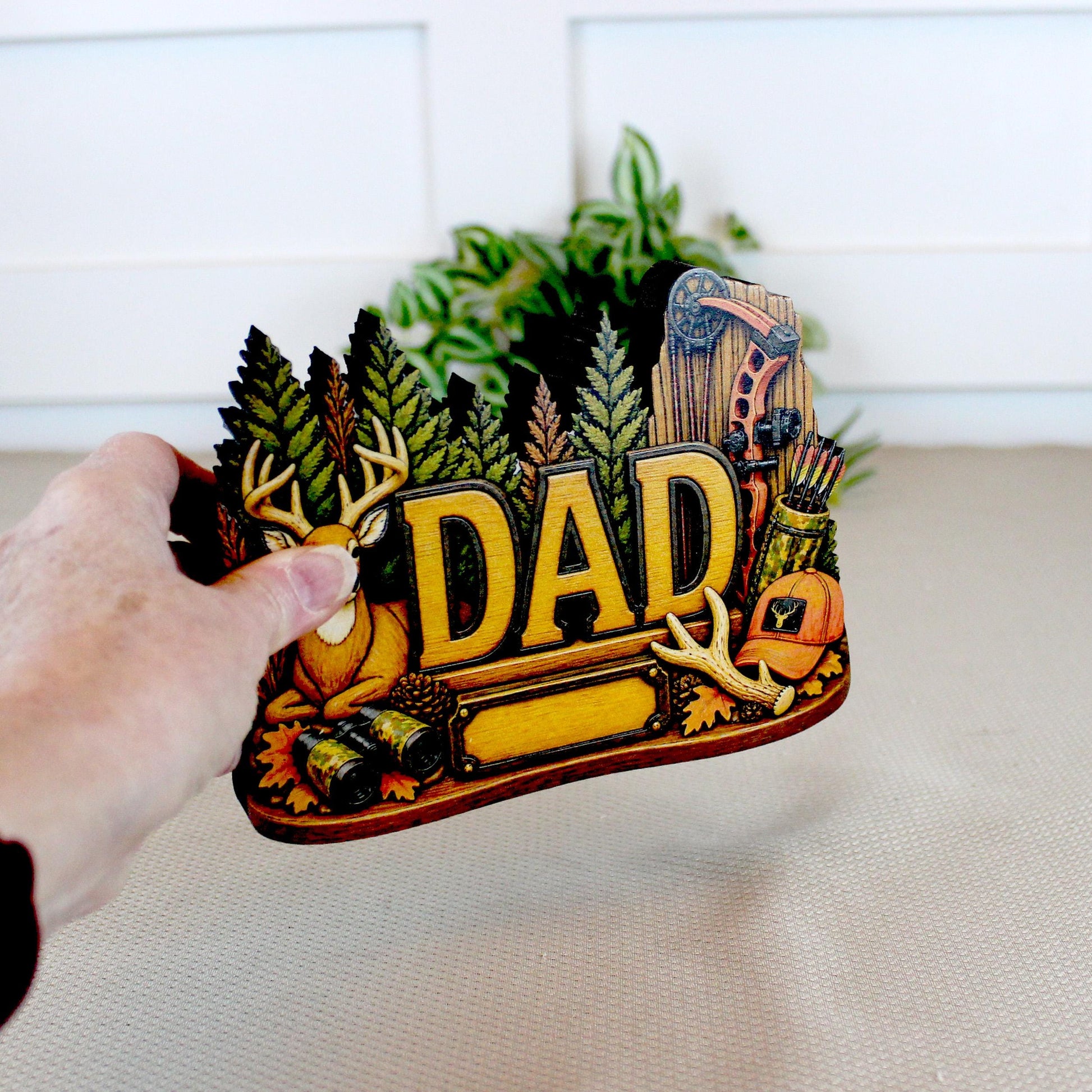 Hunting Dad Shelf Sitter, Personalized Fathers Day Gift, Layered Wood Deer Tabletop Decor, Buck Hunter Birthday Keepsake, Mantle Tray Sign