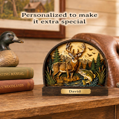 Personalized Deer and Bass Layered Wood Shelf Sitter, Cabin Decor, Hunting Fishing Mantel Tabletop, Fathers Day Gift for Outdoorsman