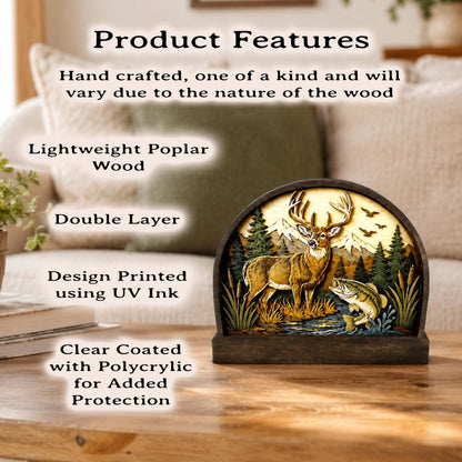 Personalized Deer and Bass Layered Wood Shelf Sitter, Cabin Decor, Hunting Fishing Mantel Tabletop, Fathers Day Gift for Outdoorsman