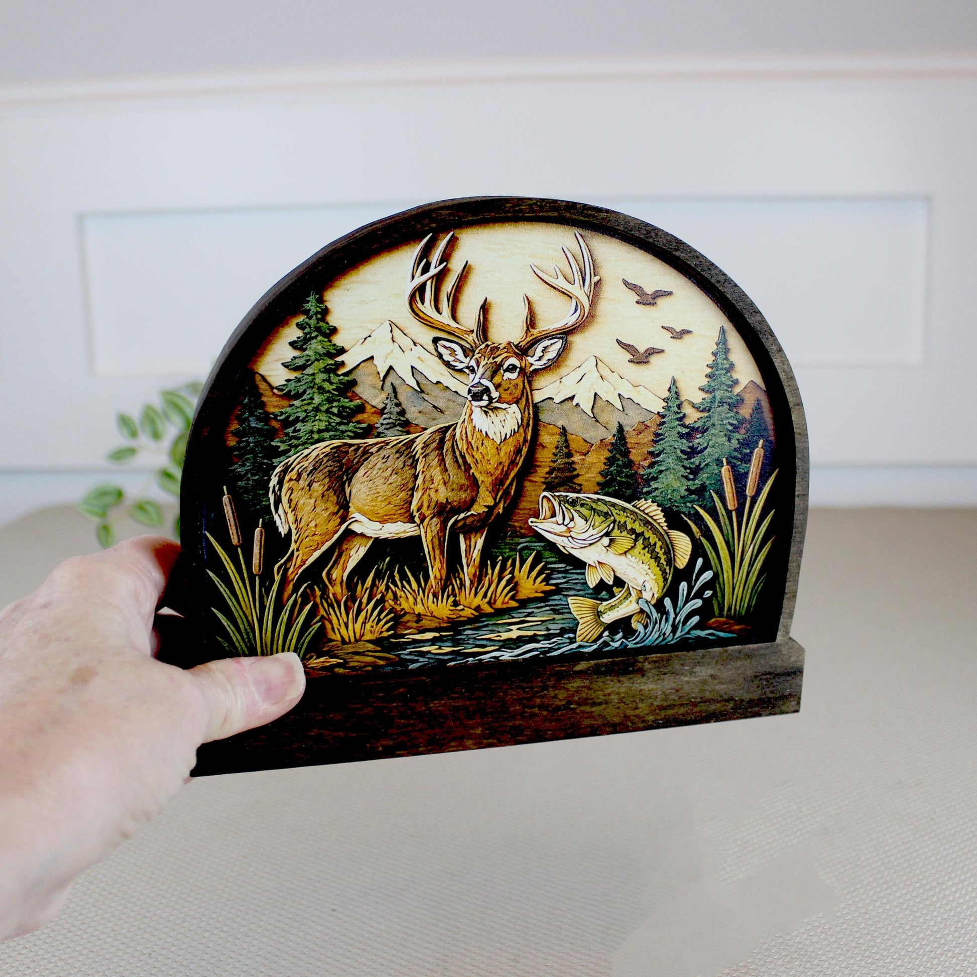 Personalized Deer and Bass Layered Wood Shelf Sitter, Cabin Decor, Hunting Fishing Mantel Tabletop, Fathers Day Gift for Outdoorsman