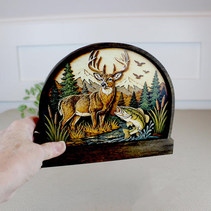 Personalized Deer and Bass Layered Wood Shelf Sitter, Cabin Decor, Hunting Fishing Mantel Tabletop, Fathers Day Gift for Outdoorsman