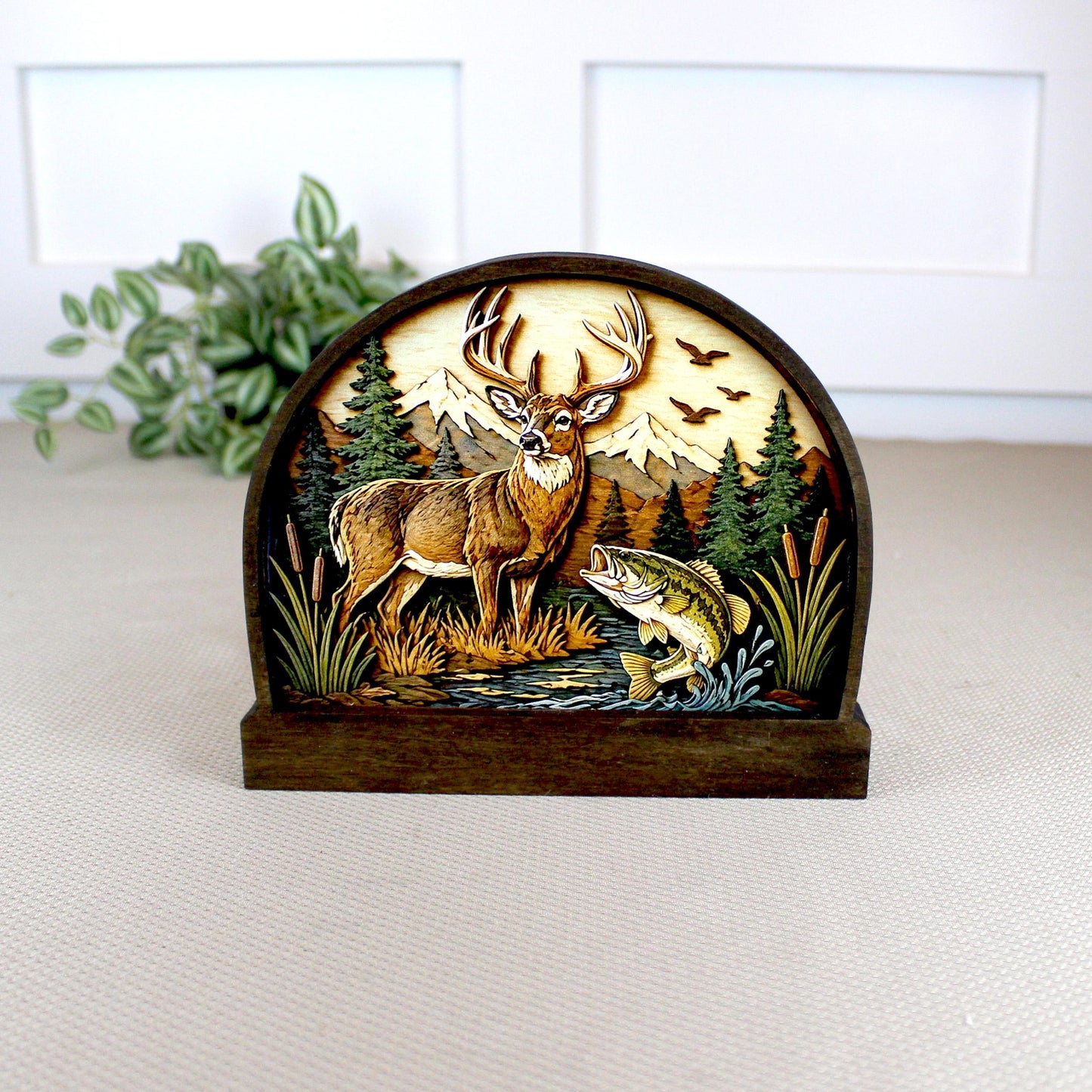Personalized Deer and Bass Layered Wood Shelf Sitter, Cabin Decor, Hunting Fishing Mantel Tabletop, Fathers Day Gift for Outdoorsman