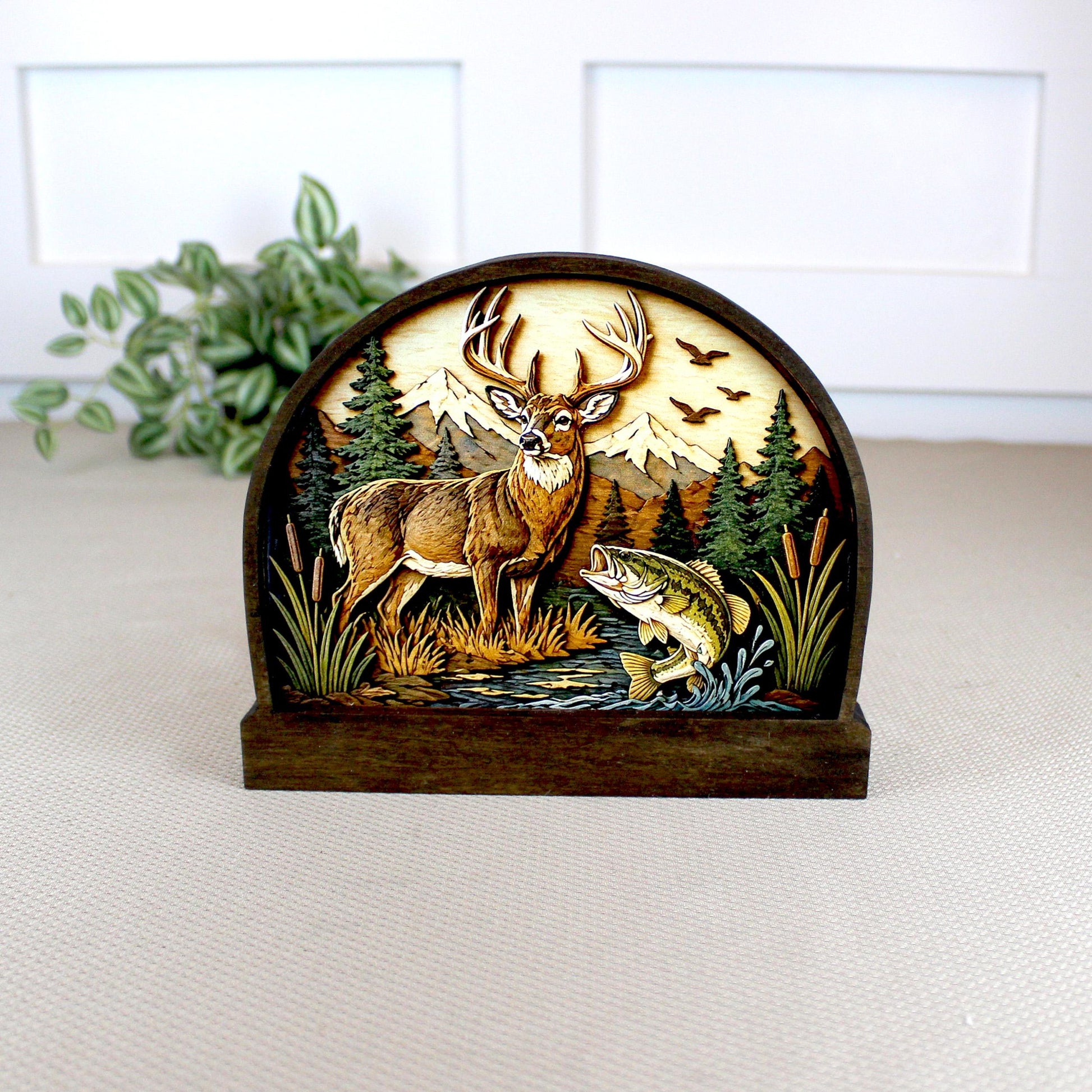 Personalized Deer and Bass Layered Wood Shelf Sitter, Cabin Decor, Hunting Fishing Mantel Tabletop, Fathers Day Gift for Outdoorsman