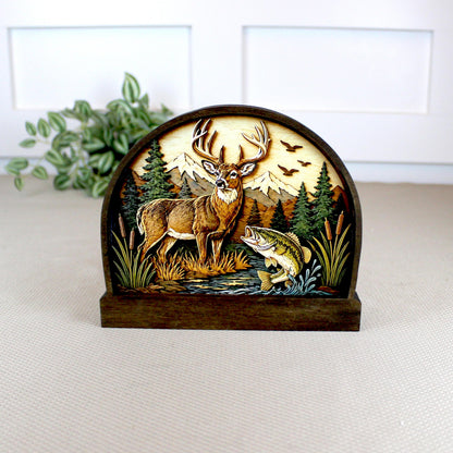 Personalized Deer and Bass Layered Wood Shelf Sitter, Cabin Decor, Hunting Fishing Mantel Tabletop, Fathers Day Gift for Outdoorsman
