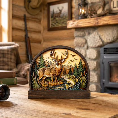 Personalized Deer and Bass Layered Wood Shelf Sitter, Cabin Decor, Hunting Fishing Mantel Tabletop, Fathers Day Gift for Outdoorsman