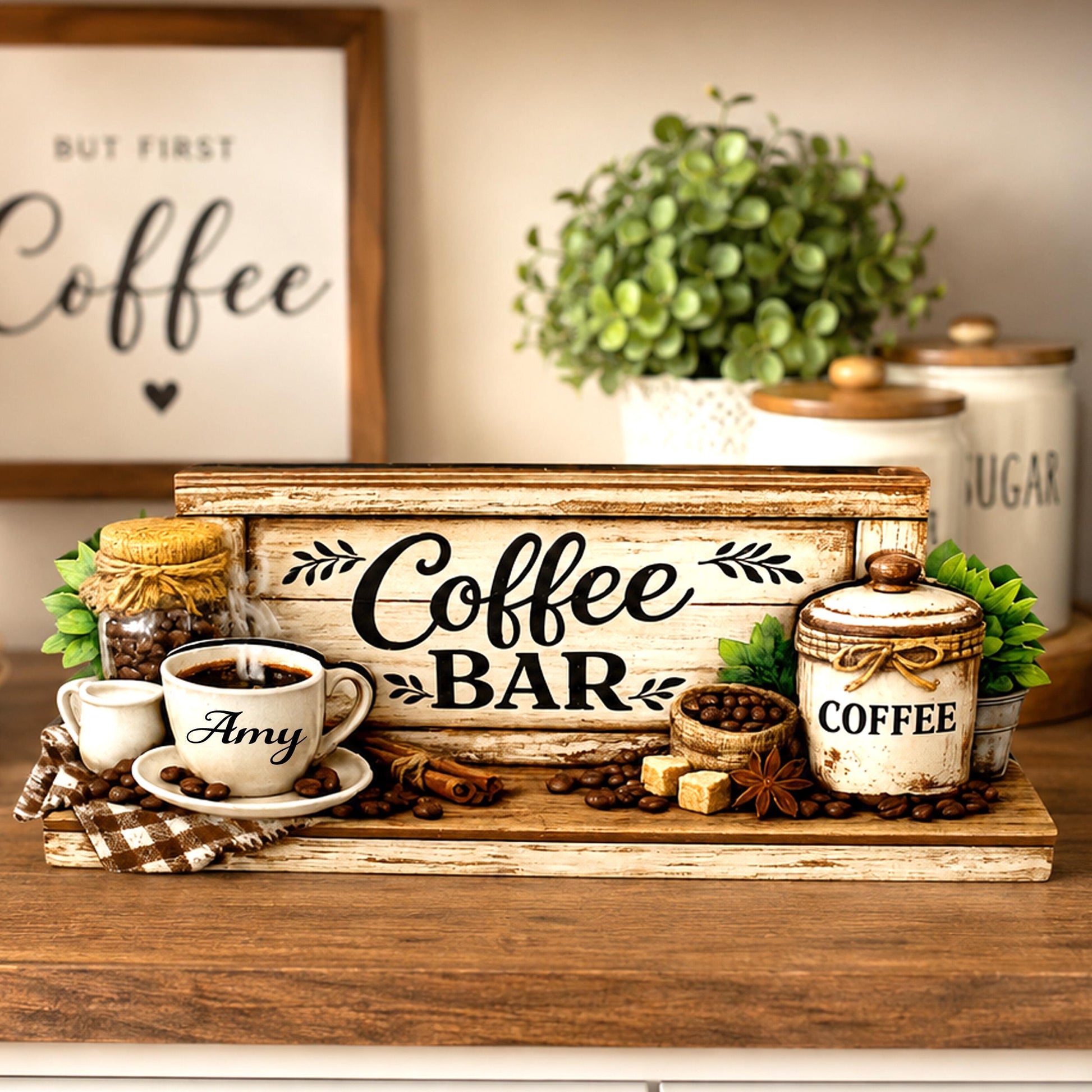 Personalized Coffee Bar Sign, Rustic Whitewashed Wood Decor, Tiered Tray Shelf Sitter, Coffee Station Centerpiece, Coffee Lover Gift Idea