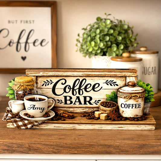 Personalized Coffee Bar Sign, Rustic Whitewashed Wood Decor, Tiered Tray Shelf Sitter, Coffee Station Centerpiece, Coffee Lover Gift Idea
