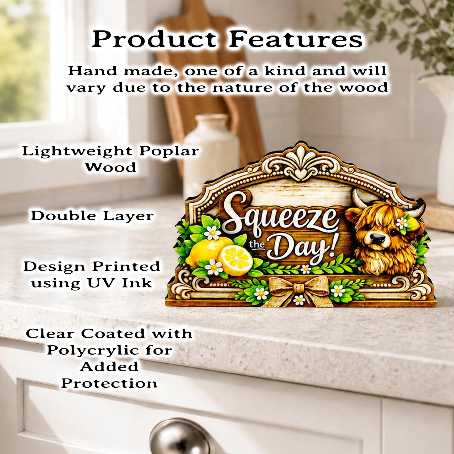 Highland Cow Squeeze the Day Shelf Sitter Keepsake, Wooden Lemon Decor, Summer Kitchen Sign, Farmhouse Cow Decor, Gift for Cow Lover