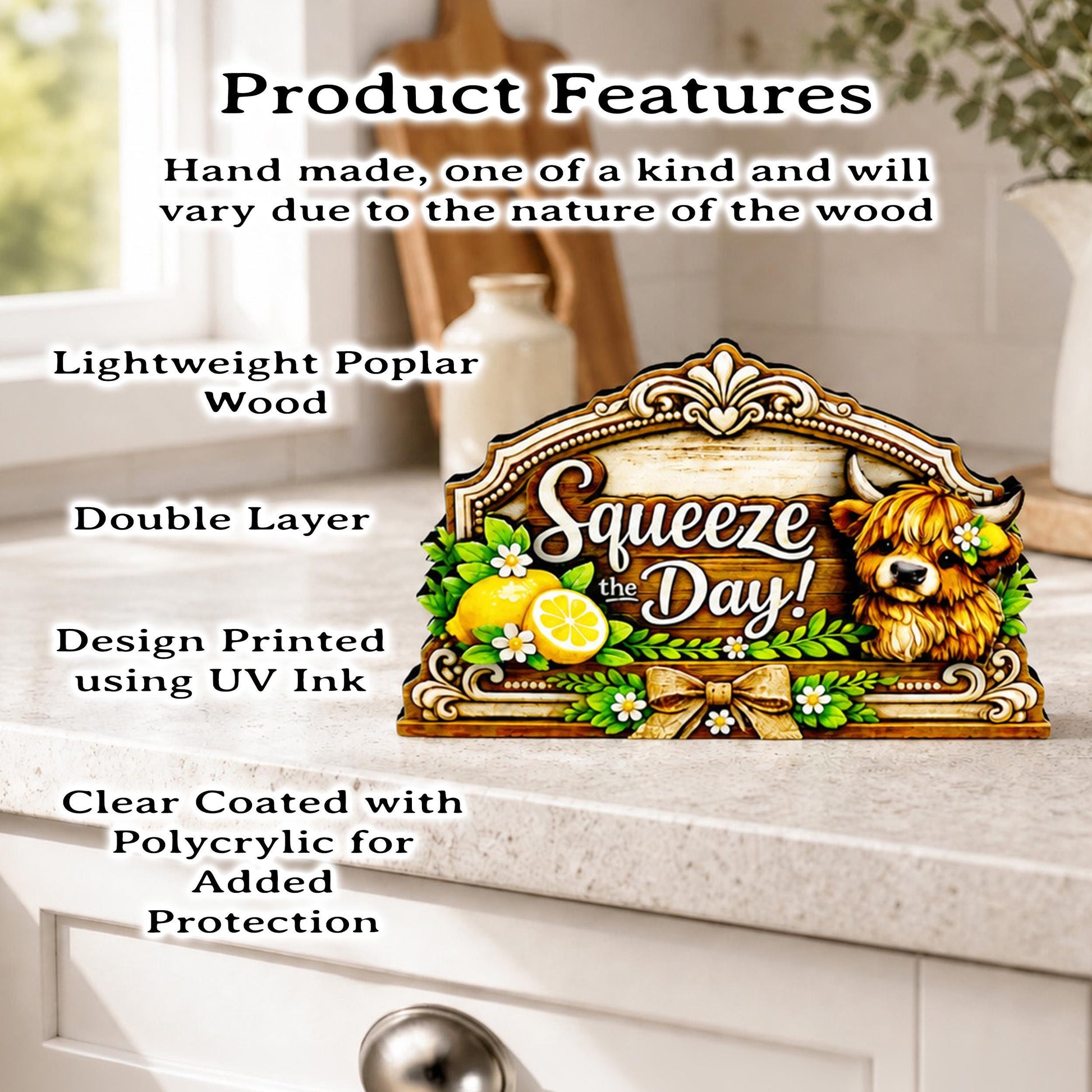 Highland Cow Squeeze the Day Shelf Sitter Keepsake, Wooden Lemon Decor, Summer Kitchen Sign, Farmhouse Cow Decor, Gift for Cow Lover