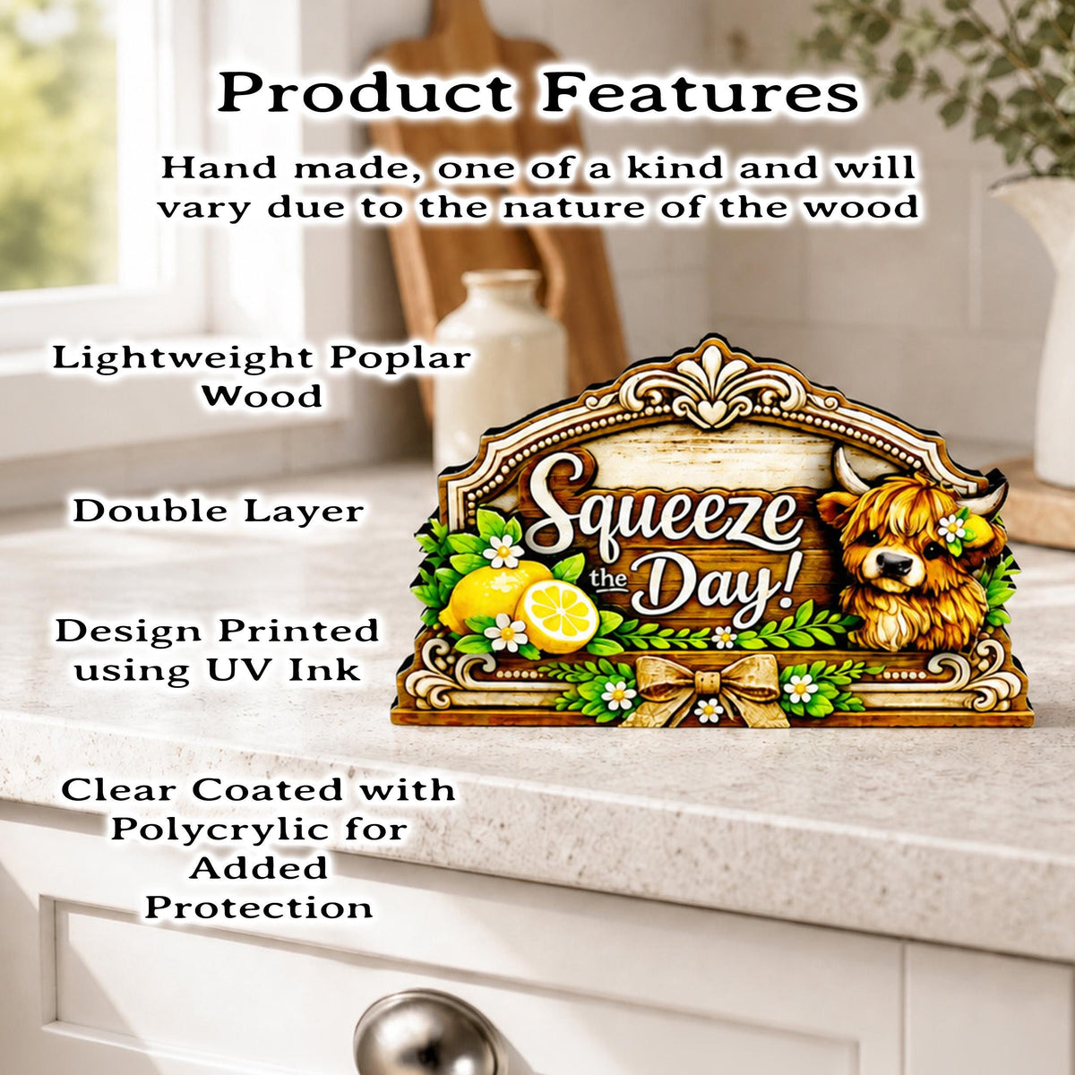 Highland Cow Squeeze the Day Shelf Sitter Keepsake, Wooden Lemon Decor, Summer Kitchen Sign, Farmhouse Cow Decor, Gift for Cow Lover
