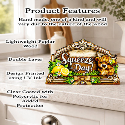 Highland Cow Squeeze the Day Shelf Sitter Keepsake, Wooden Lemon Decor, Summer Kitchen Sign, Farmhouse Cow Decor, Gift for Cow Lover