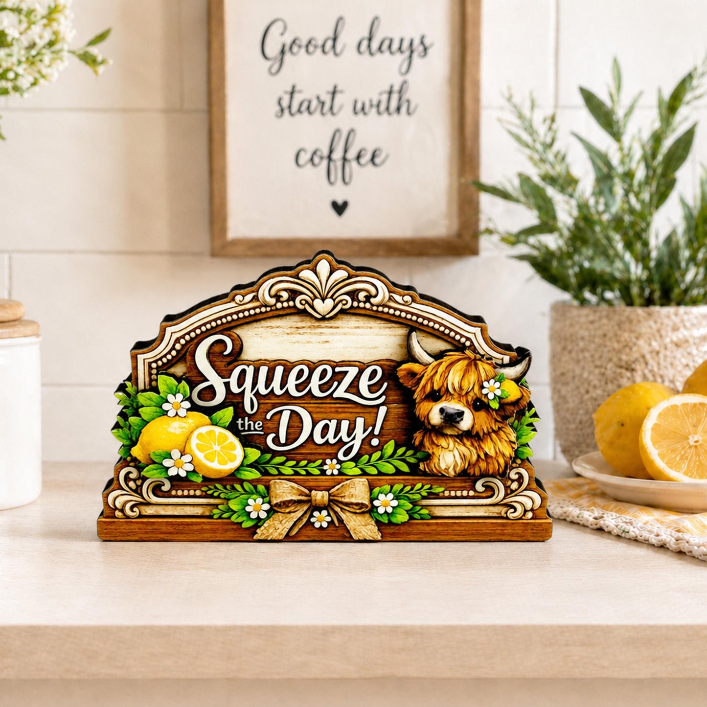 Highland Cow Squeeze the Day Shelf Sitter Keepsake, Wooden Lemon Decor, Summer Kitchen Sign, Farmhouse Cow Decor, Gift for Cow Lover