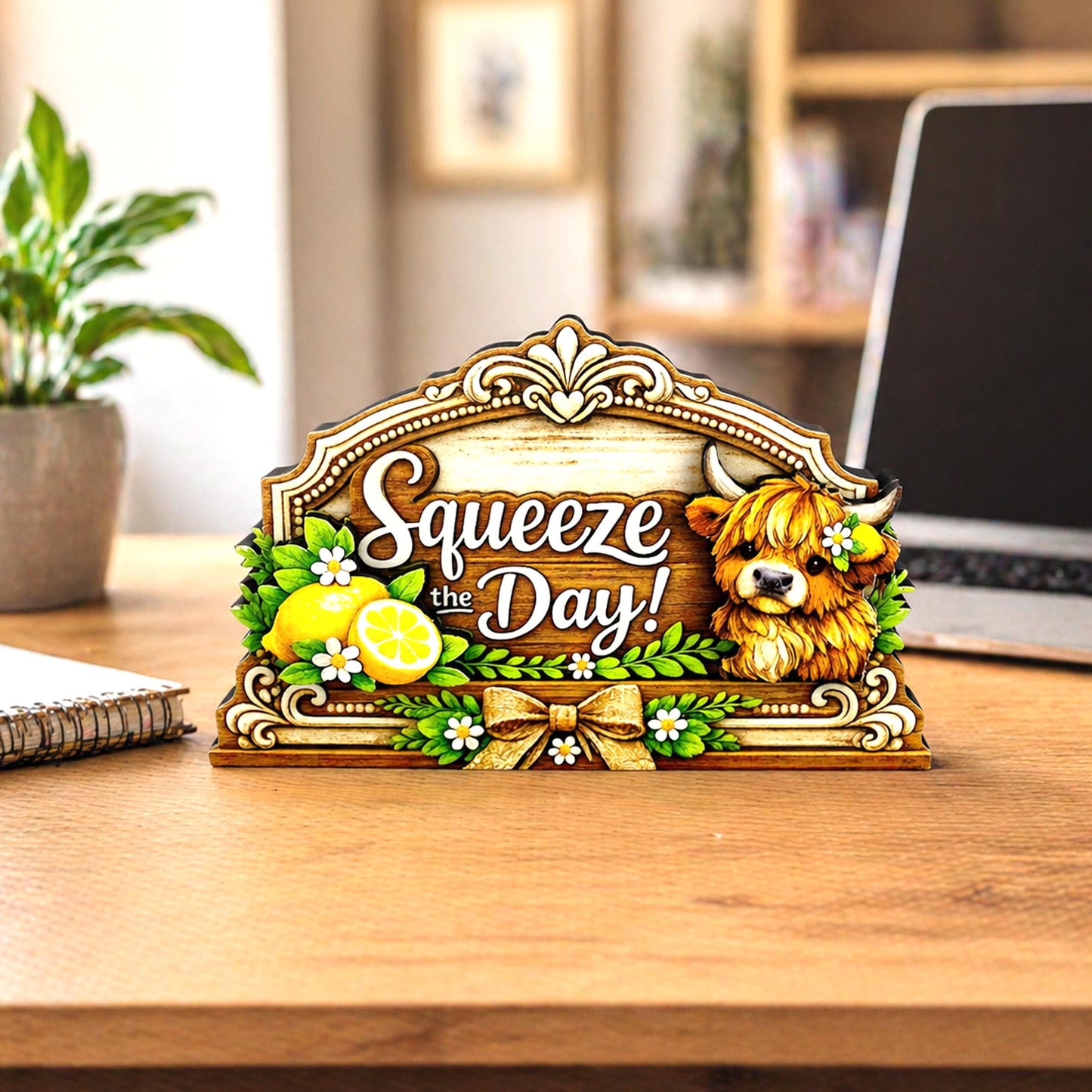 Highland Cow Squeeze the Day Shelf Sitter Keepsake, Wooden Lemon Decor, Summer Kitchen Sign, Farmhouse Cow Decor, Gift for Cow Lover