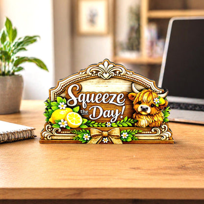 Highland Cow Squeeze the Day Shelf Sitter Keepsake, Wooden Lemon Decor, Summer Kitchen Sign, Farmhouse Cow Decor, Gift for Cow Lover