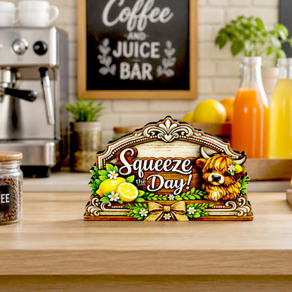 Highland Cow Squeeze the Day Shelf Sitter Keepsake, Wooden Lemon Decor, Summer Kitchen Sign, Farmhouse Cow Decor, Gift for Cow Lover