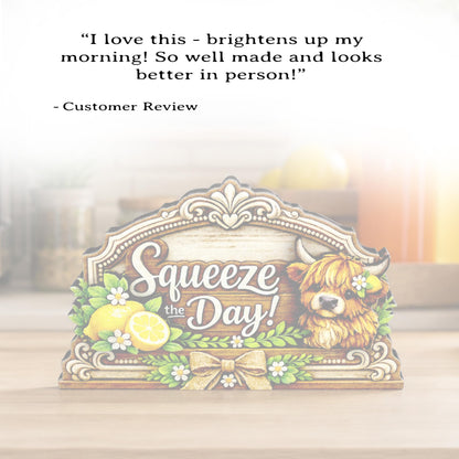 Highland Cow Squeeze the Day Shelf Sitter Keepsake, Wooden Lemon Decor, Summer Kitchen Sign, Farmhouse Cow Decor, Gift for Cow Lover