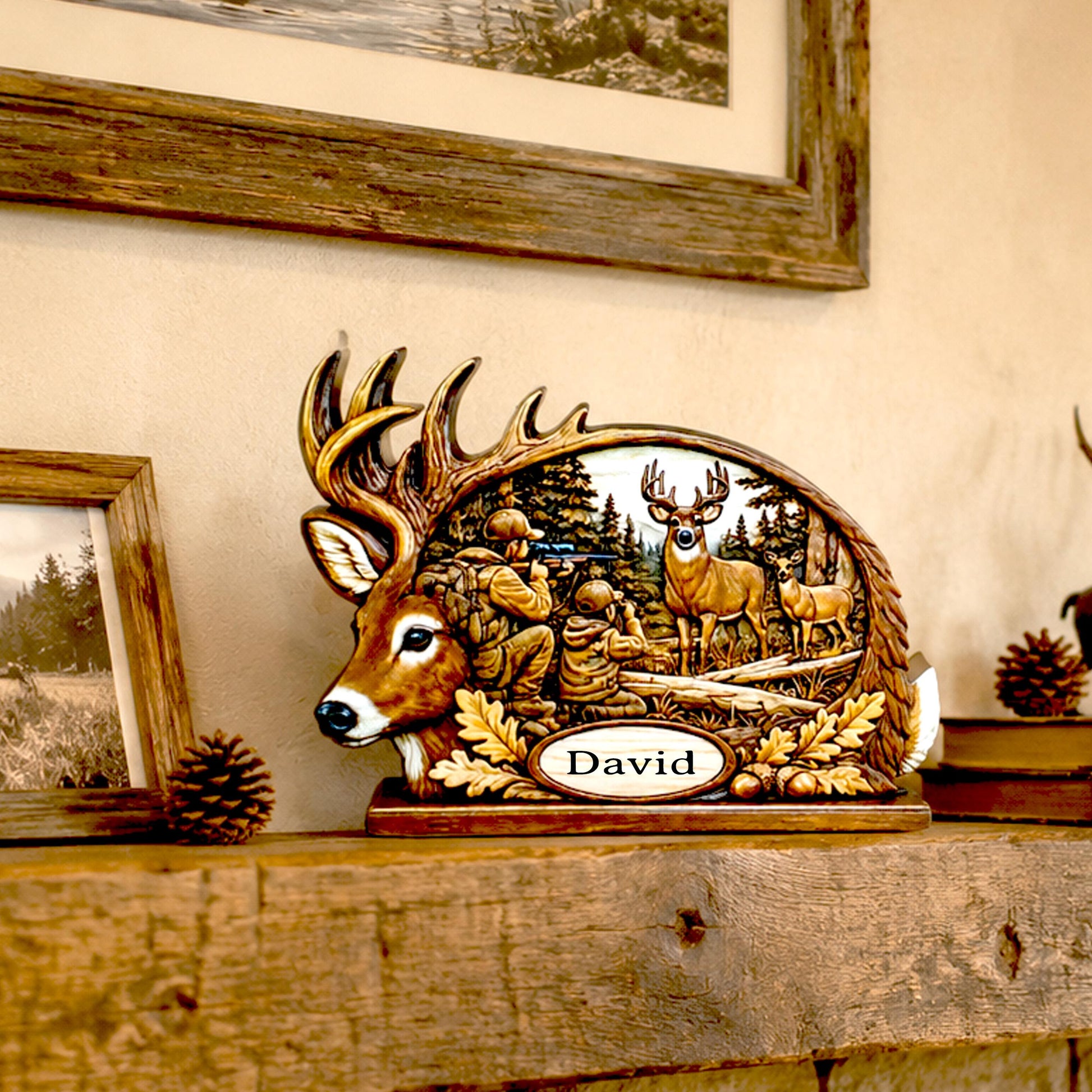 Personalized Father Son Deer Hunting Shelf Sitter, Rustic Buck Scene Tabletop Decor, Hunter Keepsake Gift for Dad, Mantle Decor