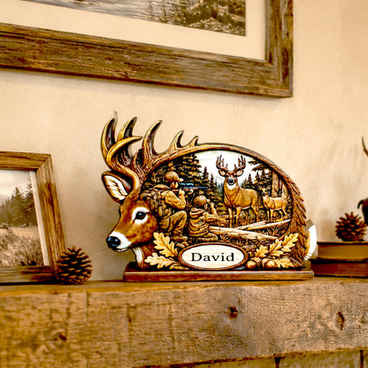 Personalized Father Son Deer Hunting Shelf Sitter, Rustic Buck Scene Tabletop Decor, Hunter Keepsake Gift for Dad, Mantle Decor