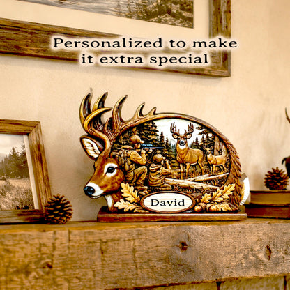 Personalized Father Son Deer Hunting Shelf Sitter, Rustic Buck Scene Tabletop Decor, Hunter Keepsake Gift for Dad, Mantle Decor