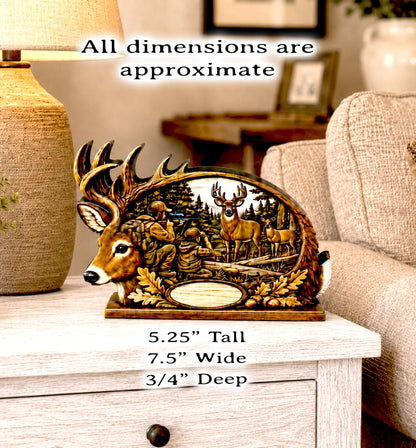 Personalized Father Son Deer Hunting Shelf Sitter, Rustic Buck Scene Tabletop Decor, Hunter Keepsake Gift for Dad, Mantle Decor