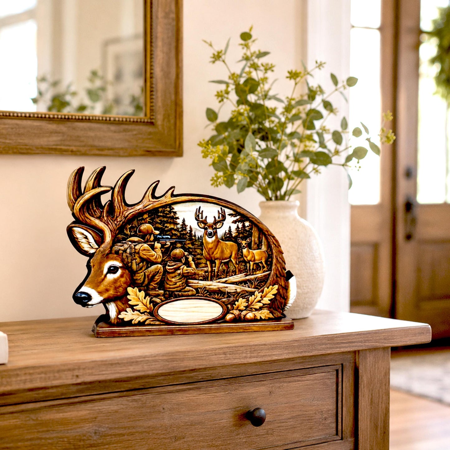 Personalized Father Son Deer Hunting Shelf Sitter, Rustic Buck Scene Tabletop Decor, Hunter Keepsake Gift for Dad, Mantle Decor