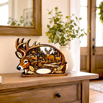 Personalized Father Son Deer Hunting Shelf Sitter, Rustic Buck Scene Tabletop Decor, Hunter Keepsake Gift for Dad, Mantle Decor