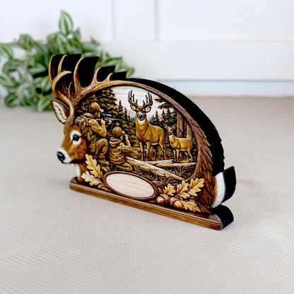 Personalized Father Son Deer Hunting Shelf Sitter, Rustic Buck Scene Tabletop Decor, Hunter Keepsake Gift for Dad, Mantle Decor