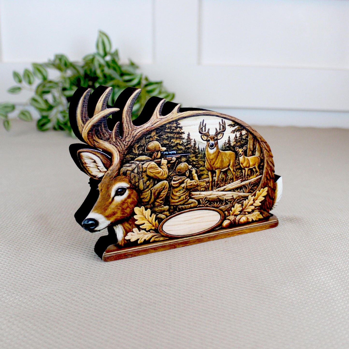 Personalized Father Son Deer Hunting Shelf Sitter, Rustic Buck Scene Tabletop Decor, Hunter Keepsake Gift for Dad, Mantle Decor